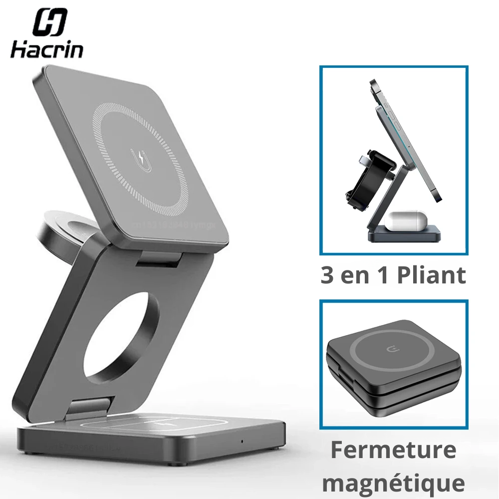 Chargeur sans fil à induction 3 en 1 : station de charge sans fil pliable et ergonomique pour iPhone 15, 14, 13, 12 Pro Max et Apple Watch 8, 9.
