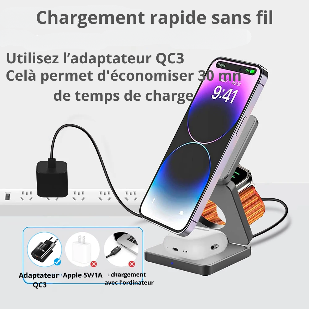 Chargeur sans fil à induction 3 en 1 : station de charge sans fil pliable et ergonomique pour iPhone 15, 14, 13, 12 Pro Max et Apple Watch 8, 9.