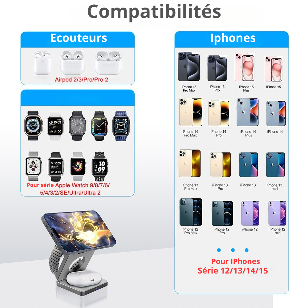 Chargeur sans fil à induction 3 en 1 : station de charge sans fil pliable et ergonomique pour iPhone 15, 14, 13, 12 Pro Max et Apple Watch 8, 9.