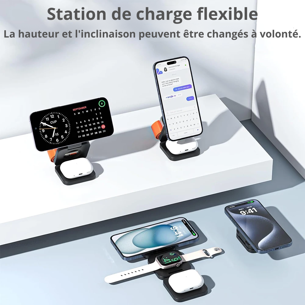 Chargeur sans fil à induction 3 en 1 : station de charge sans fil pliable et ergonomique pour iPhone 15, 14, 13, 12 Pro Max et Apple Watch 8, 9.