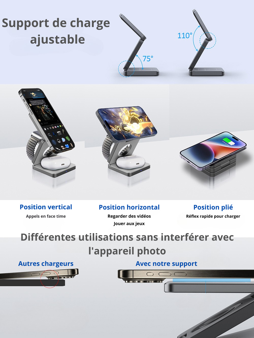 Chargeur sans fil à induction 3 en 1 : station de charge sans fil pliable et ergonomique pour iPhone 15, 14, 13, 12 Pro Max et Apple Watch 8, 9.