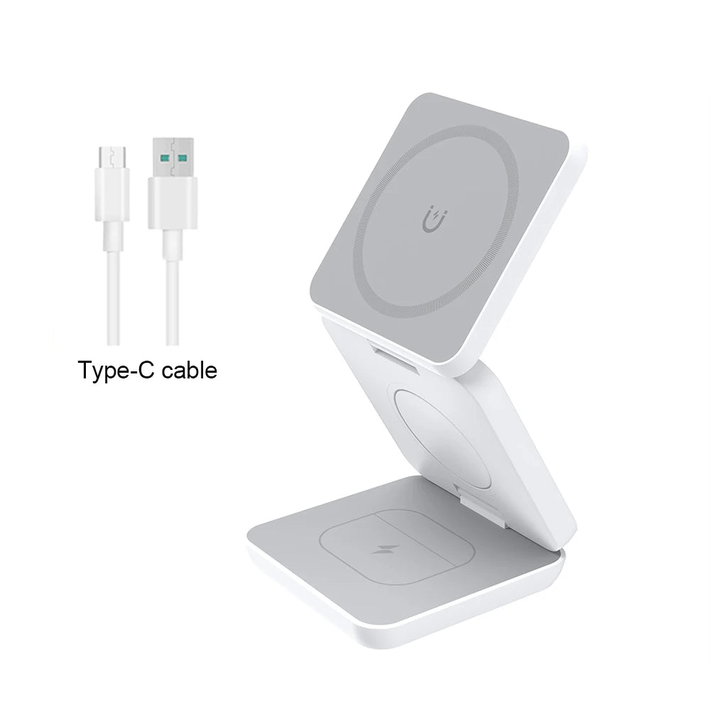 Chargeur sans fil à induction 3 en 1 : station de charge sans fil pliable et ergonomique pour iPhone 15, 14, 13, 12 Pro Max et Apple Watch 8, 9.