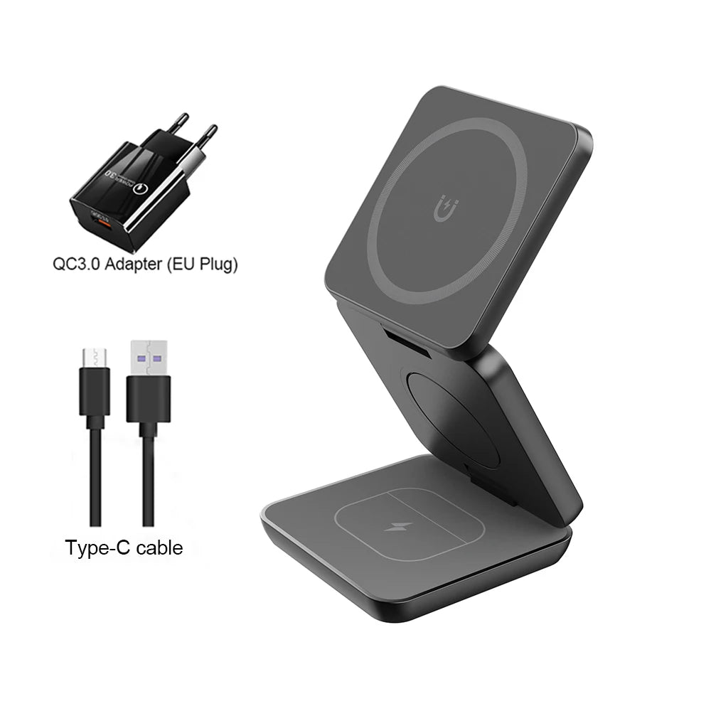 Chargeur sans fil à induction 3 en 1 : station de charge sans fil pliable et ergonomique pour iPhone 15, 14, 13, 12 Pro Max et Apple Watch 8, 9.