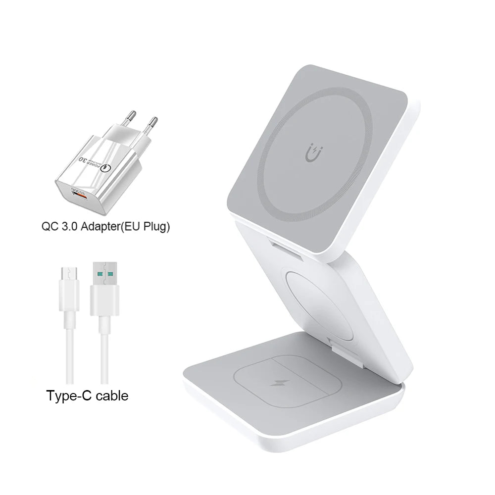 Chargeur sans fil à induction 3 en 1 : station de charge sans fil pliable et ergonomique pour iPhone 15, 14, 13, 12 Pro Max et Apple Watch 8, 9.