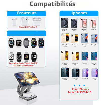 Chargeur sans fil à induction 3 en 1 : station de charge sans fil pliable et ergonomique pour iPhone 15, 14, 13, 12 Pro Max et Apple Watch 8, 9.