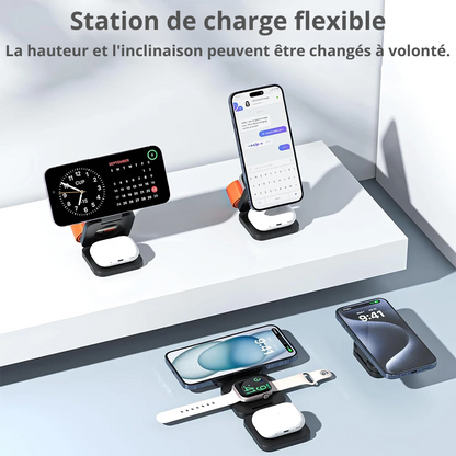 Chargeur sans fil à induction 3 en 1 : station de charge sans fil pliable et ergonomique pour iPhone 15, 14, 13, 12 Pro Max et Apple Watch 8, 9.
