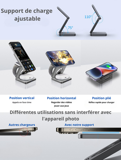 Chargeur sans fil à induction 3 en 1 : station de charge sans fil pliable et ergonomique pour iPhone 15, 14, 13, 12 Pro Max et Apple Watch 8, 9.